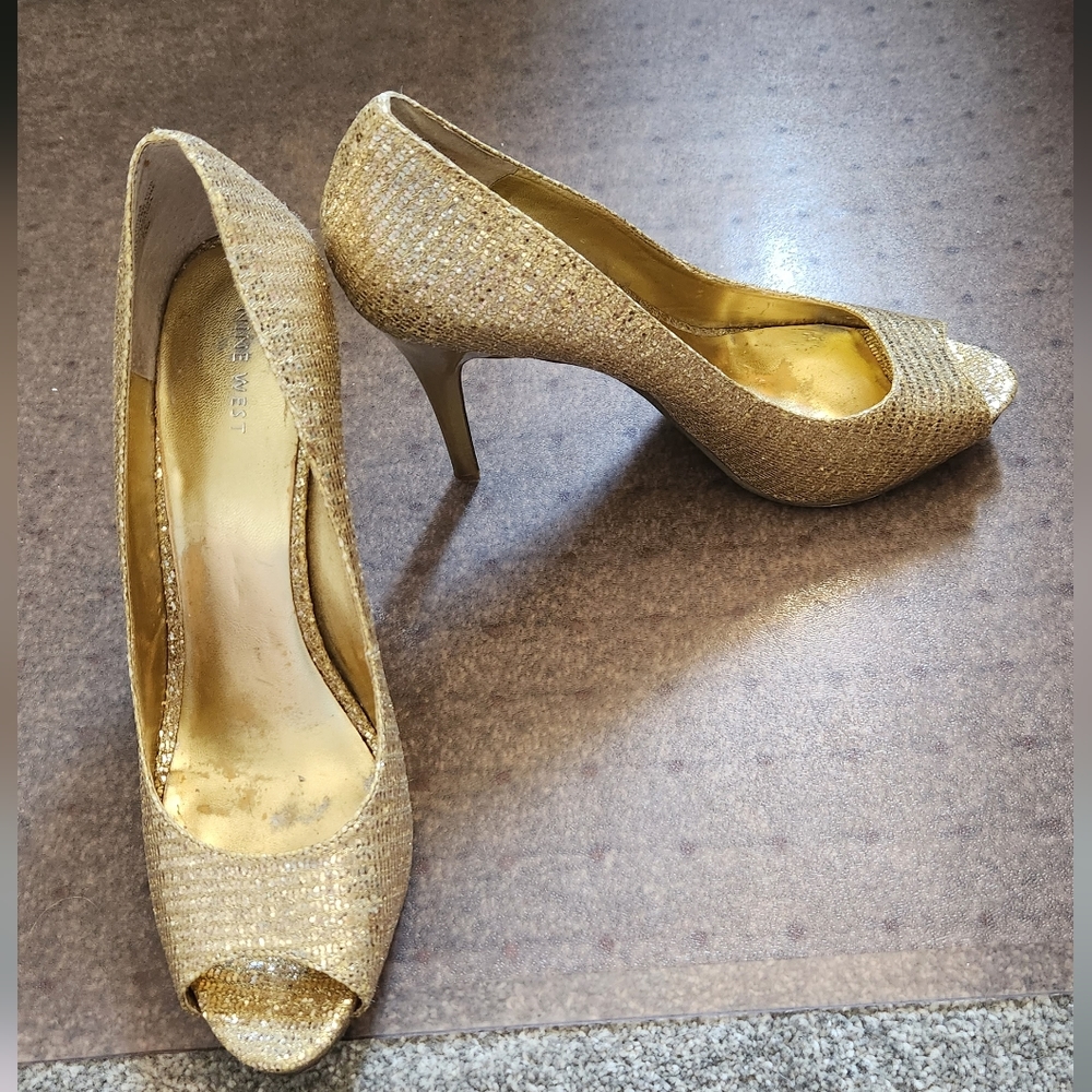 Nine West Heels Gold Pumps Glitter Open Toe Sparkly Size 11